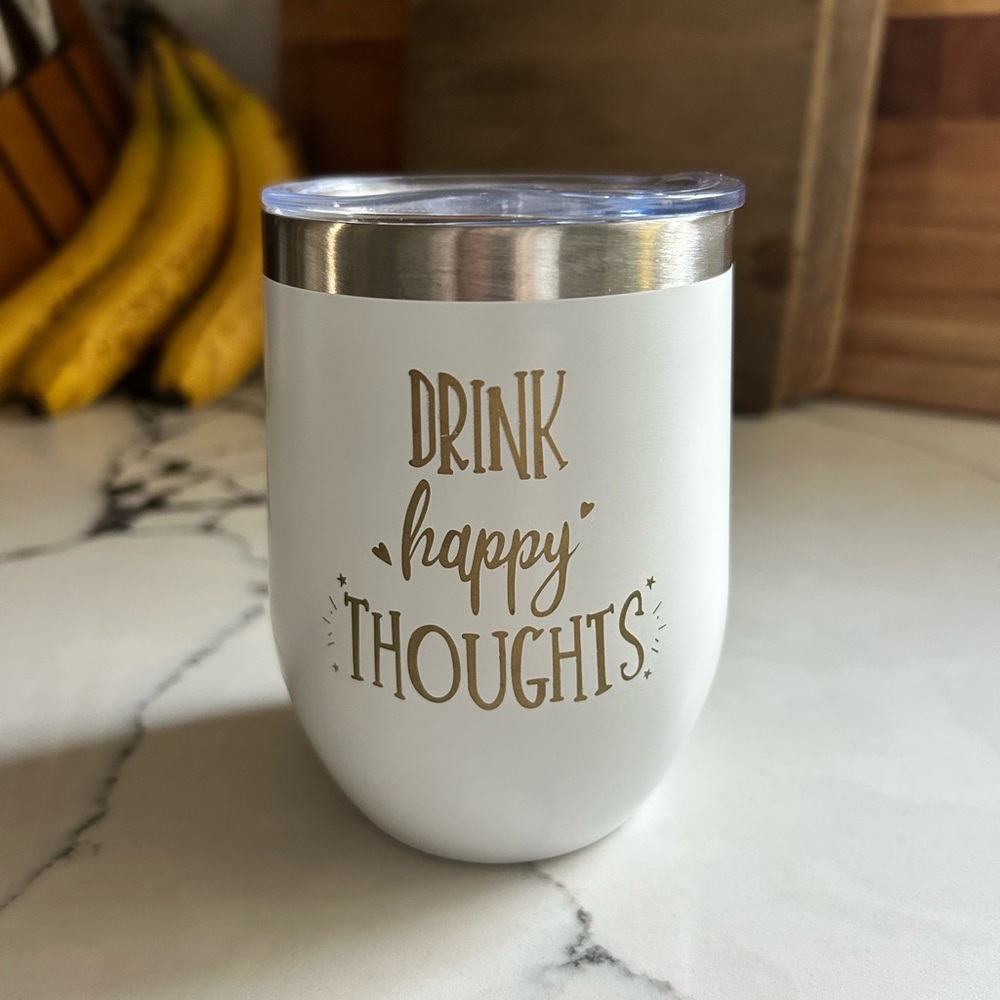 White Stainless Steel Tumbler “Drink Happy Thoughts”